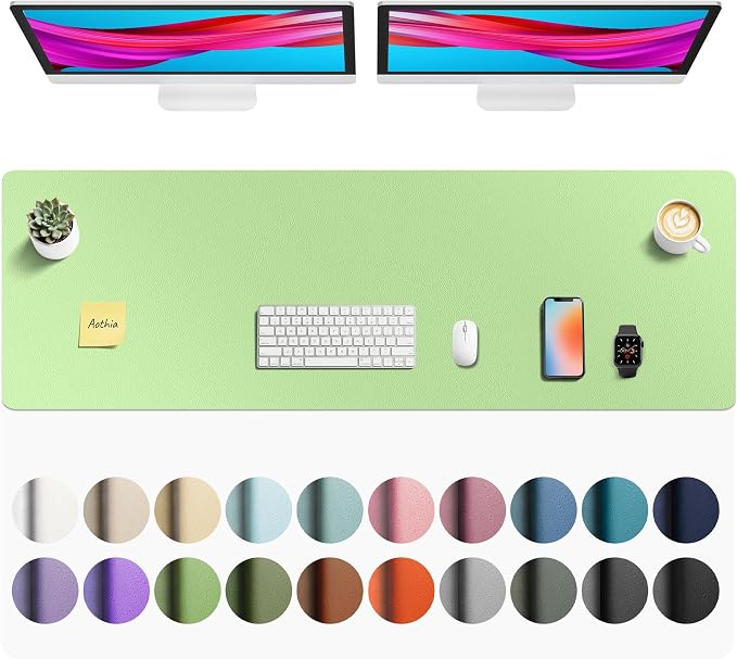 Aothia Faux Leather Desk Mat - Non-Slip PU Leather Desk Blotter, Waterproof Writing Surface, Large Desk Pad for Office & Home (Foam Green, 55" x 17")