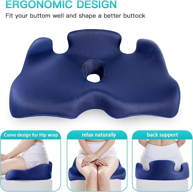 Benazcap X Large Memory Seat Cushion, Sciatica Pain Relief, Blue | Ergonomic design, Office Chair, Memory Foam Firm for Car, Wheelchair, Gaming Chair and Desk Chair
