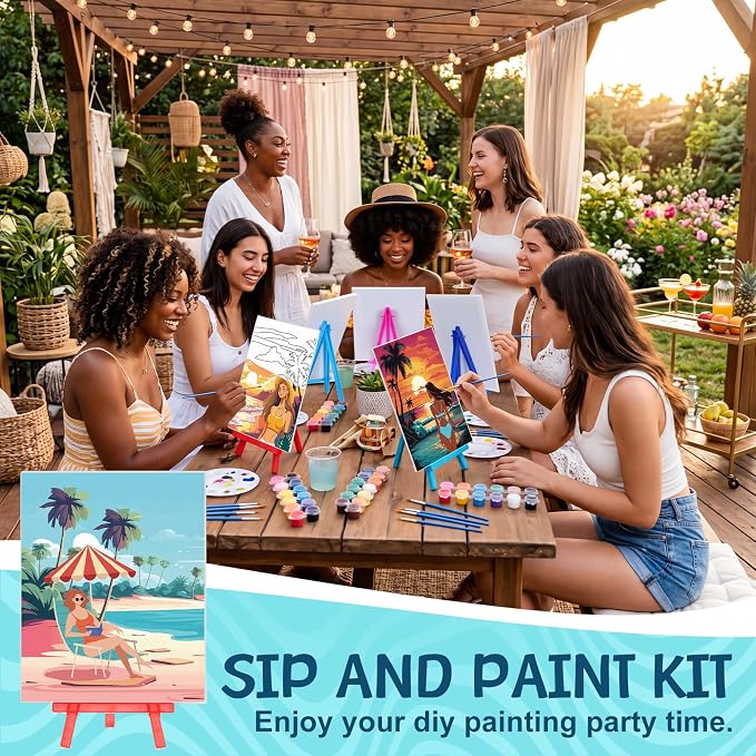 Blosssound 10 Set Pre Printed Canvas Pre Drawn Canvas Painting with Easel Kits 5" x 7" Outline Painting Panels for Beginners, DIY Craft Project, Party Favor, Home Decors(Hawaii Women)