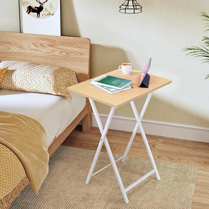 HOOBRO Folding TV Tray Tables, Set of 2 Side Table for Small Space, Industrial Snack Tables for Eating at Couch, Stable Metal Frame, Easy Assembly, Space Saving, Natural and White WN25BZ01