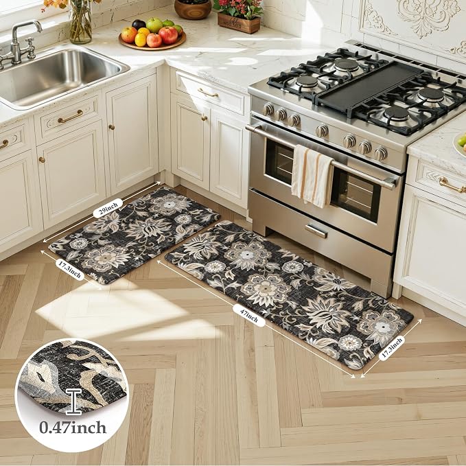 LEEVAN Anti Fatigue Kitchen Mats for Floor, Cushioned Kitchen Mat Set 2PCS | 17.3"x29"+17.3"x47", Boho Floral Black Kitchen Rugs Non-Slip, Waterproof Ergonomic Standing Mats for Laundry, Office, Sink