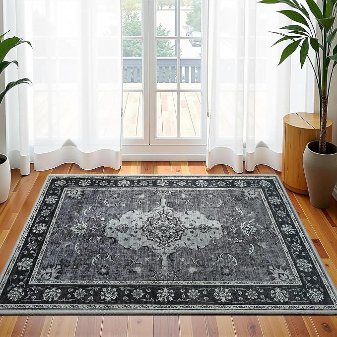 3x5 Area Rugs for Bedroom, Machine Washable Vintage Rug, Non-Slip Low Pile Throw Rugs with Rubber Backing Printed Vintage Floral Carpet for Living Room Dining Room Kitchen Home Decor, Black Grey