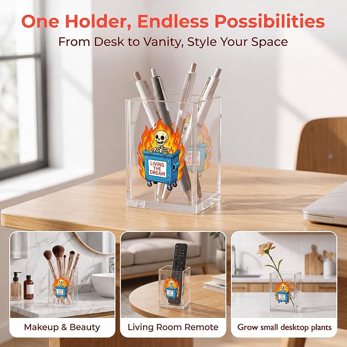 Funny Dumpster Fire Skull Office Acrylic Cosmetic Pen Pencil Holder Cup, Living The Dream Humor Pencil Organizer, Unique Desk Accessories, Sarcastic Gifts for Women Men Coworker（A47）