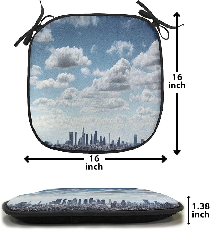 Lunarable United States Chair Cushion Pads Set of 6, Downtown Los Angeles Skyline Under The Summer Sky with Scenic Fluffy Clouds, Anti-Slip Seat Padding for Kitchen & Patio, 16"x16", Blue White