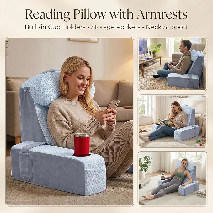 Reading Pillow for Adults, Back Pillow for Bed Sitting Up, Backrest Pillow for Sitting in Bed, Detachable Arms with Built-in Cup & Phone Caddy (White Cooling - Polka, 21 INCH)
