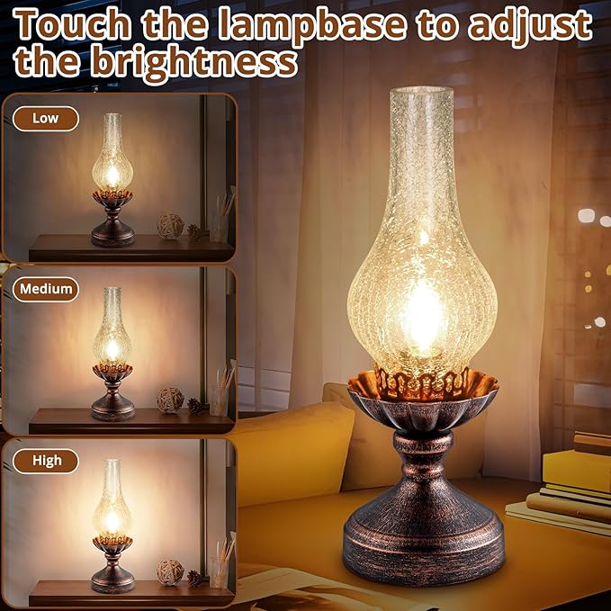 Vintage Table Lamp | Touch Control & 3-Way Dimmable Rustic Retro Farmhouse Bedside Lamp with Clear Glass Shade and LED Bulb for Bedroom, Living Room, Cabin, Office