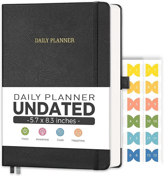 Daily Planner Undated, Appointment Book for Hourly, Daily and Monthly, 365 Days, One Page a Day, Medium Size (5.7" x 8.3"), Leather Hardcover, 12 Self-adhesive Monthly Tabs (Black)