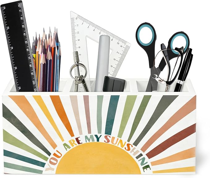 Boho Sun Motivational Wooden Pen Holder for Desk, You Are My Sunshine Positive Affirmation Pencil Organizer Wooden Box Sign for Kids Room Classroom Home Office Decoration