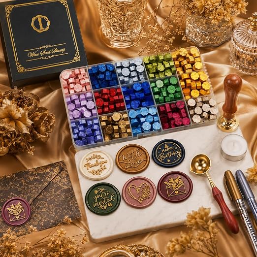 SWANGSA Blessing Wax Seal Stamp Kit with 450pcs Sealing Wax Beads, 2 Pens and Spoon for Wedding, Invitations, Cards, Envelope, Christmas