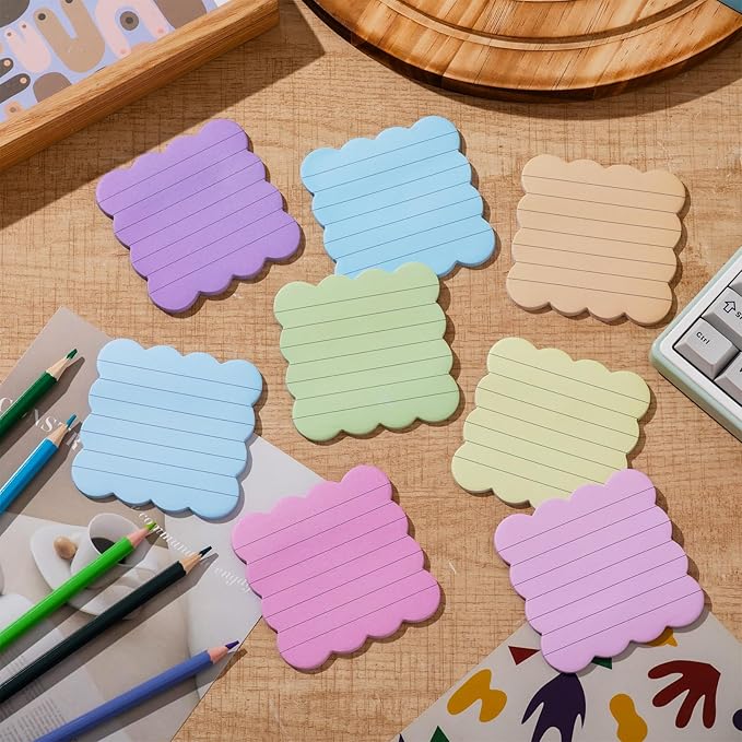 Eaasty 8 Pack Scalloped Aesthetic Sticky Notes Bulk Colorful Cute Wavy Self Sticky Note Pads 3" x 3" Lined Rainbow Colors Note Pads for Back to School Office Supplies 240 Sheets