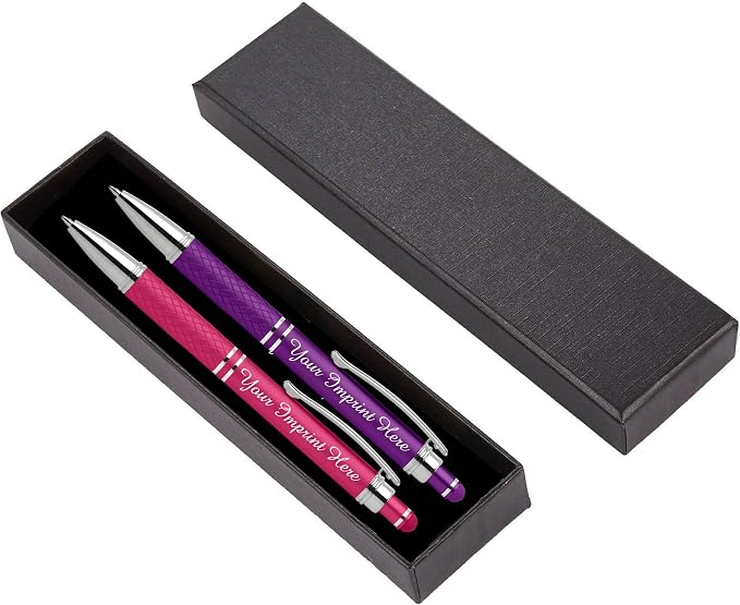 Custom Engraved Personalized Pen Gift Set - 2 Pack of Soft Touch Metal Ballpoint Pens with Gripper & Gift Box - Luxury Customized Pens with Name (Purple-Pink)