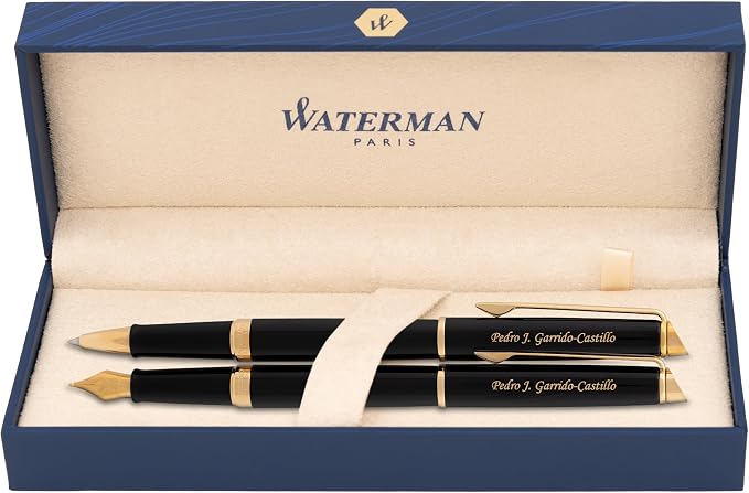 Waterman Hemisphere Engraved Fountain and Rollerball Pen Set, Black Lacquer with 23K Gold, Matching Engraving on Both Caps, Mysterious Blue Ink, Gift for Retirement, Board Members, Career Advancement
