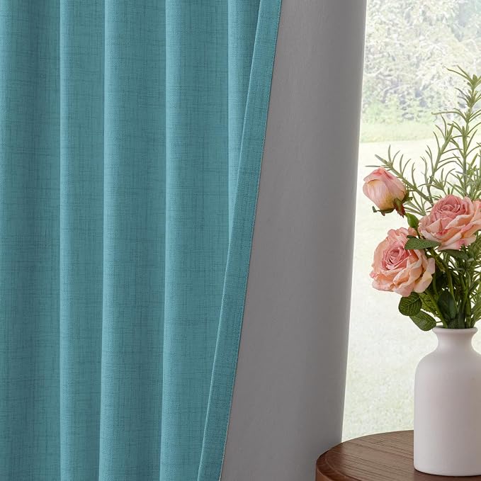 INOVADAY 100% Blackout Curtains for Bedroom, Teal Black Out Curtains 96 Inch Long, Clip Rings Linen Blackout Drapes, Thermal Insulated Room Darkening for Living Room, 2 Panels - W50xL96