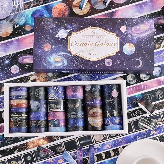 32 Rolls Washi Tape Set, Gold Foil Galaxy Decorative Masking Tape Constellation, Stars, Celestial, Adhesive Tape for Bullet Journal, Diy Craft, Scrapbooking Supplies, Gift Wrapping, Party Decoration