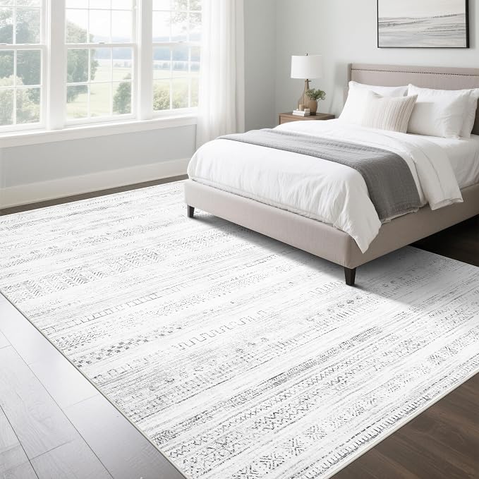 Srugn Moroccan Washable Rugs 8x10 Area Rugs for Living Room,Bedroom,Dining Room- Large Ultra Soft Faux Wool Retro Carpet,Non Slip&Non-Shedding Low Pile Vintage Print Rug for Home Office-(Gray-White)