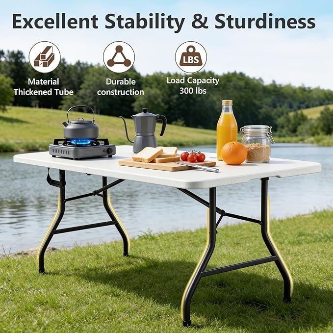 Folding Table, 6 FT Foldable Plastic Table with Carrying Handle, Heavy Duty Portable Fold-in-Half Utility Table for Party, Camping, Banquet, Craft, Wedding, Indoor & Outdoor Use