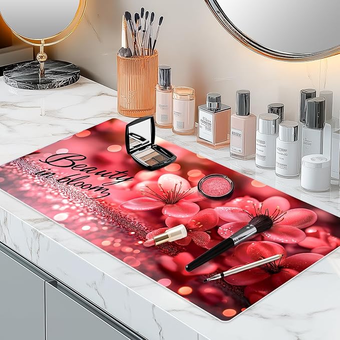 Dual-Sided Synthetic Leather Decorative Makeup Mat for Crafting, Furniture Protection, Scratch & Stain Resistant Surface Desk Pad, Waterproof Easy to Clean Vanity Protector (Floral Black)