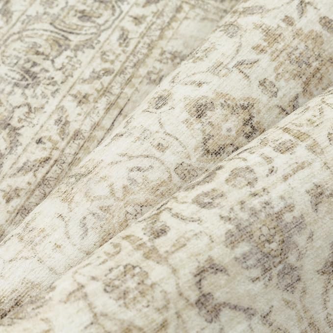 PureCozy 5x7 Area Rug Washable Beige Vintage Living Room Bedroom Distressed Non Slip Carpet Indoor Low Plie Thin Dining Room Office Retro Accent Throw Rug