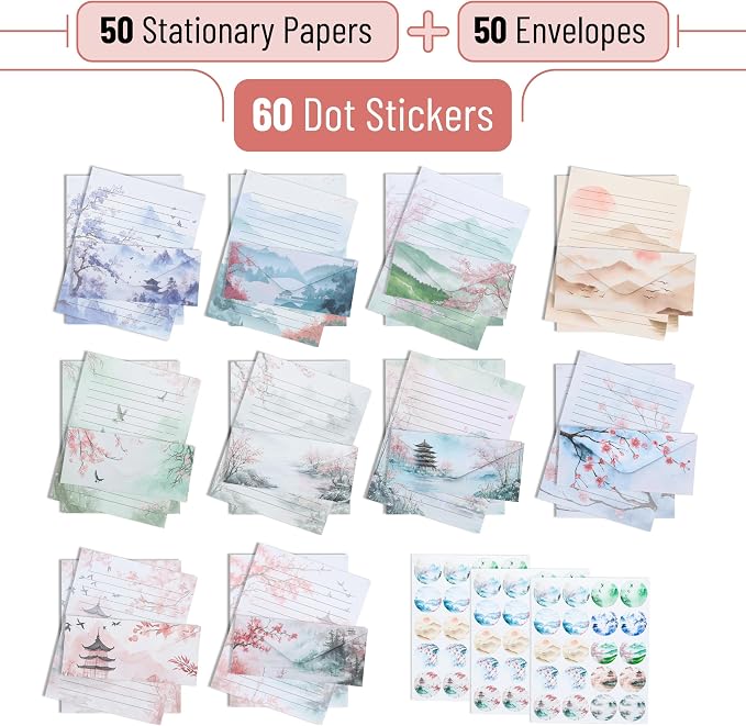 Mr. Pen- Stationery Writing Paper with Envelopes, 8.5 x 11 Inch | 160 Pack(50 Letter Writing Paper with 50 Envelopes and 60 Round Dot Sticker) Cherry Blossoms Cute Stationary Set with 10 Desi