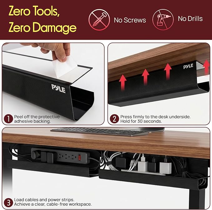 Pyle 2-Pack 17" Under Desk Cable Management Tray, Under Desk Cable Organizer with Adhesive Mount, Wire Management Under Desk for Home Office & Gaming Setup, Durable Plastic, 20 lb Capacity, Black