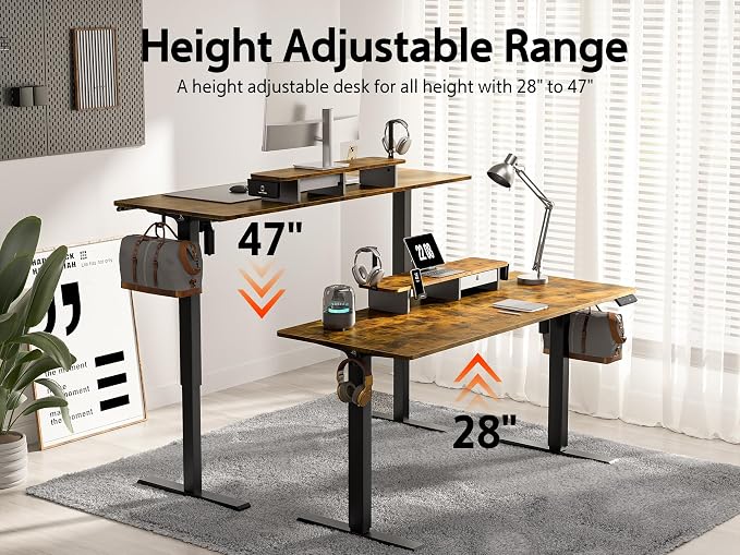 WALKINGDESK 63x24 Inches Electric Standing Desk with Drawer and Monitor Stand, Height Adjustable Sit to Stand up Desk for Home Office, Ergonomic Computer Table with Phone Holder, 3 Hooks, Rustic Brown