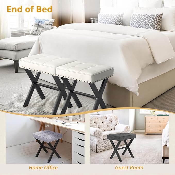 LUE BONA White Vanity Stool - Square Faux Leather Makeup Seat With Metal X Legs, Small Ottoman Chair for Makeup Room, Living Room, Bathroom - Padded Foot Rest