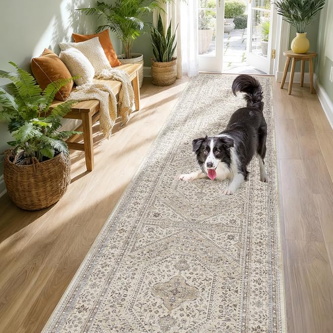 2x10 Runner Rug for Hallway Washable: Non Slip Kitchen Rugs with Rubber Backing Soft Waterproof Wide Mats Stain Resistant Low Pile Carpet for Entryway Bedroom Bathroom Laundry Home Decor Beige/Gray