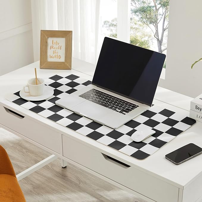 Checkered Desk Mat, 31.5" x 15.7" Large Cute Black White Aesthetic Retro Accessoires, PU Leather Computer Laptop Desk Mat Mouse Keyboard Pad, Desk Writing Makeup Mat for Vanity/Work/Home Decor