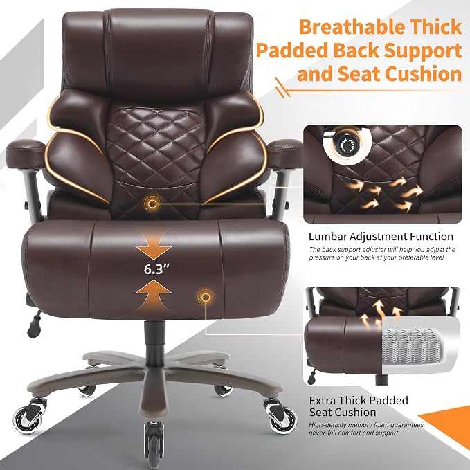 VUZI 700lbs Big and Tall Office Chair, Large Executive Leather Desk Chair | Adjustable Lumbar Support for Back Pain, Plus Size Wheels, 3D Flip Arms, Heavy Duty Metal Base, Wide Seat Computer Chair