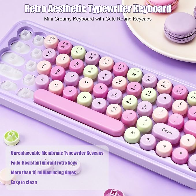 Wired RGB Creamy Typewriter Keyboard. 65 Percent Retro LED Membrance Gaming Keyboard. Small Ergonomic Optical Teclado with ABS Backlit Unreplaceable Round Keycaps. for Laptop and Office PC. (Pink)