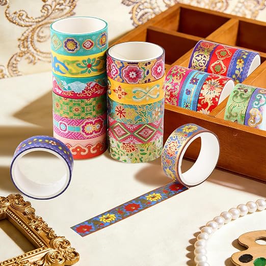 20 Rolls Gold Foil Floral Washi Tape Set Vintage Chinoiserie Decorative Tape Exotic Arts Masking Tapes for DIY Crafts Scrapbooking Bullet Journaling Planner Gift Wrapping