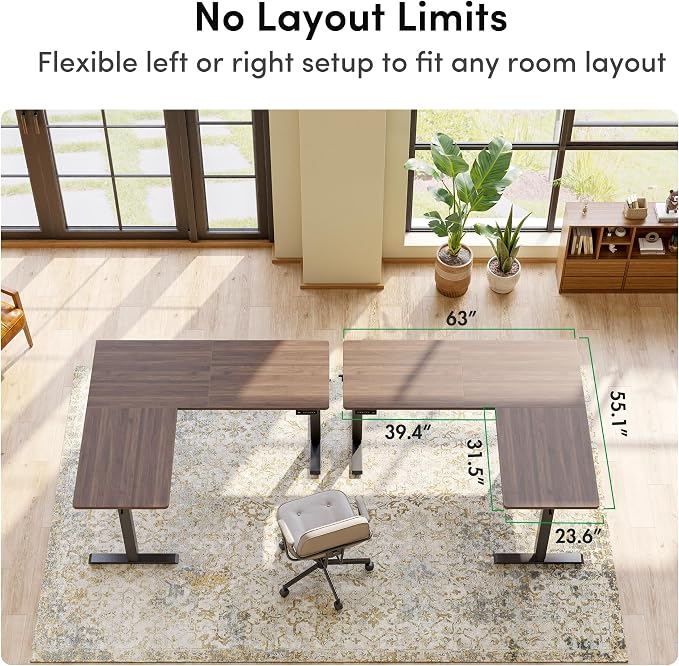 FEZIBO 63" x 55" L-Shaped Standing Desk - Adjustable Corner Desk L Shape, L-Shaped Adjustable Desk with Splice Board, L Shape Standing Desk, Black Walnut