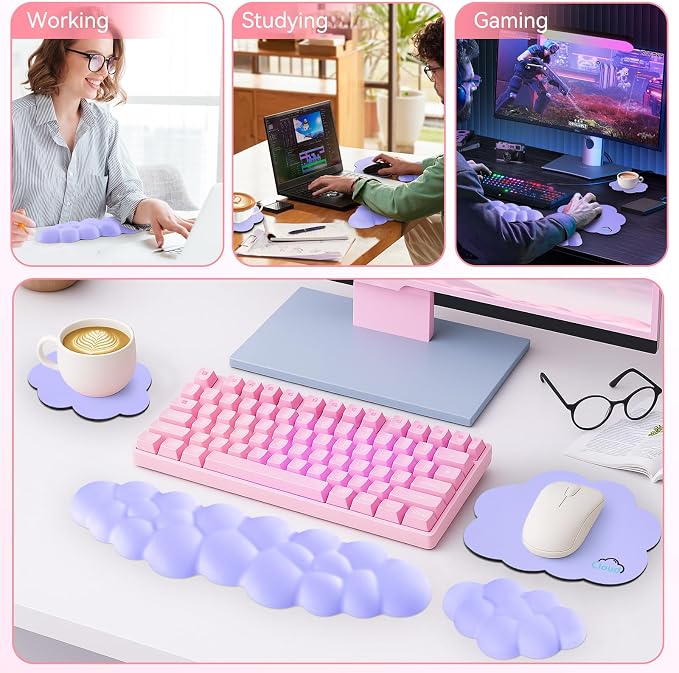 Sushret Cloud Wrist Rest for Computer Keyboard, 4-in-1 Memory Foam Leather Cloud Keyboard Wrist Rest and Mouse Pad Set with Ergonomic Support for Arm and Palm Cushion, Gaming/Work Setup, Purple
