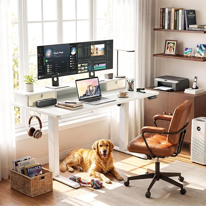 Veken 55x26 in Electric Standing Desk with Drawers, Adjustable Table, White | Stand up Computer Desk for Home Office, Work & Study, with Storage, 3 Memory Presets, Cable Organizer, Hook, and Quiet Lift.