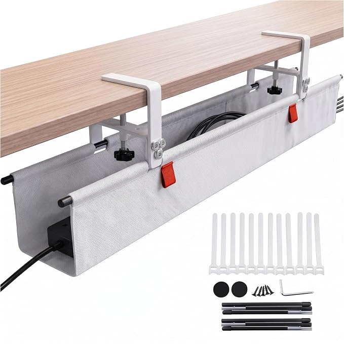 Under Desk Cable Management Tray 36" — No Drill Clamp-On Cord Organizer for Desk with Built-in Ties, Heavy Duty Metal Clamp, Foldable 600D Oxford Fabric for Home Office, WFH & Gaming PC Setup (White)