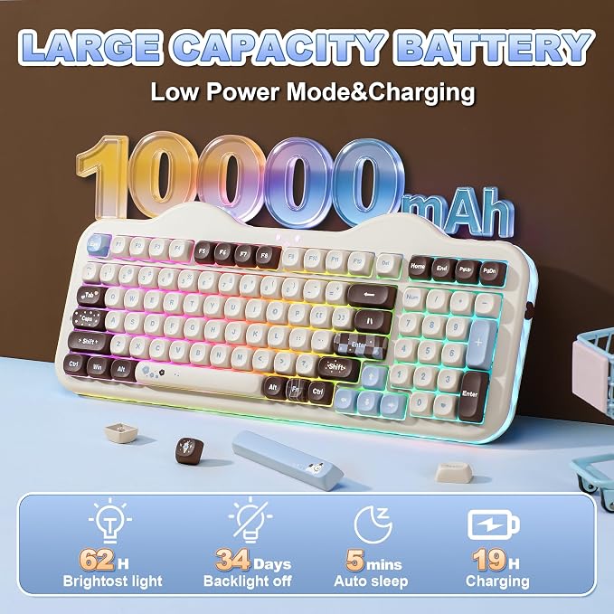 YUNZII C98 Wireless Mechanical Keyboard with Number Pad,98 Key BT5.0/2.4G/USB-C Hot Swap Gasket Mount with PBT MOA Keycaps,Custom RGB,Cute Cake Keyboard for Win/Mac (Choco, Milk V2 Linear Switch)