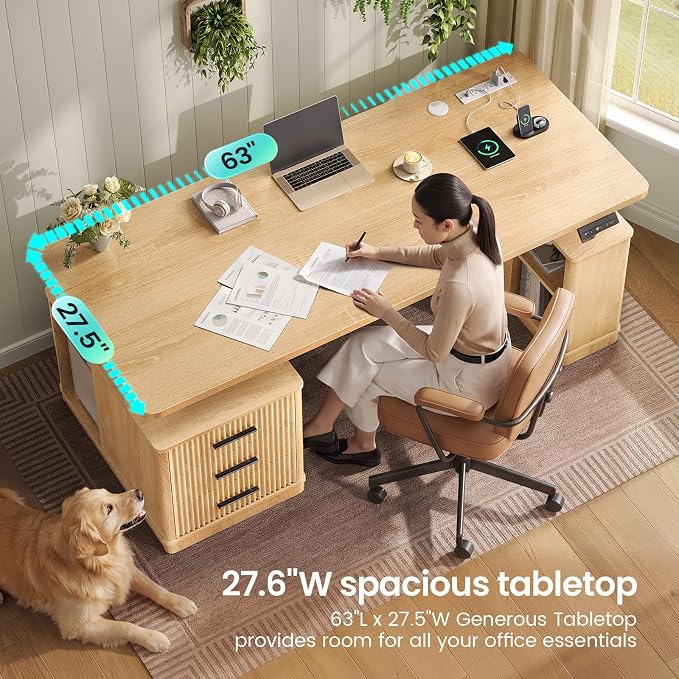 SEDETA Modern Fluted Electric Standing Desk, 63" Height Adjustable Computer Desk with 3 Drawers, Storage Shelves, Power Outlets, Wood Home Office Stand up Desk for Work, Study, Writing, Oak