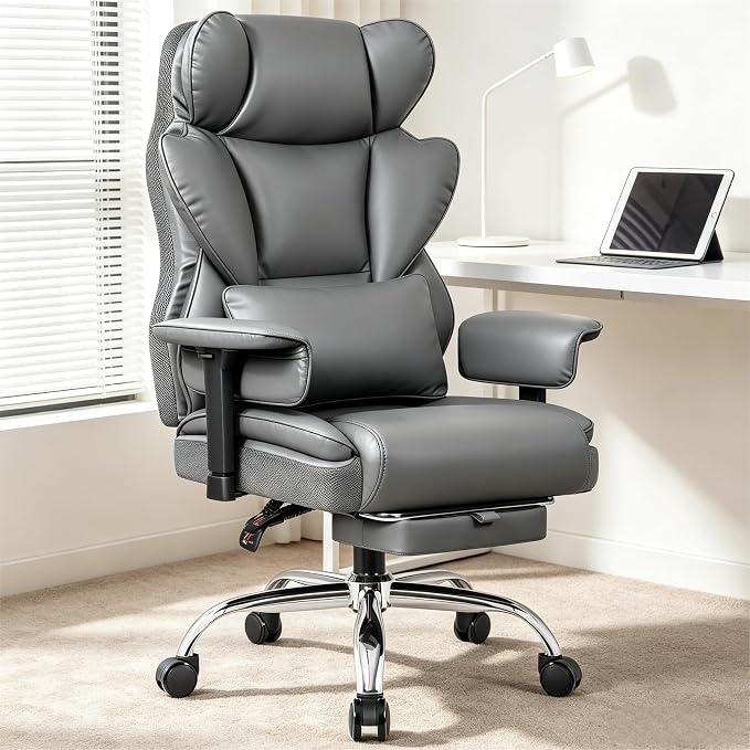 Office Chair 400 LBS, Heavy Duty High Back Executive Desk Chair | 23.6" Extra Wide Seat with Footrest, Ergonomic High Back with Lumbar Support, 165° Recline, 3.2" Adjustable Padded Arms, Gray