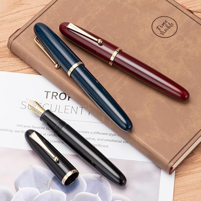 Jinhao 9019 DaDao Series Fountain Pen, Size 8 Fine Nib with Large Ink Converter, Wine Red Acrylic Design Smooth Writing Pen (Gold Trim)
