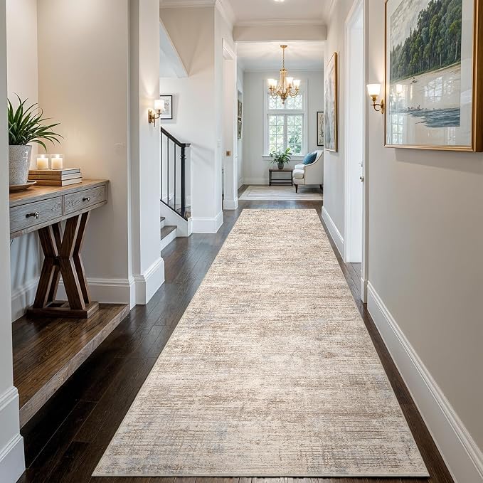 3x14 Hallway Washable Runner Rug - Non-Slip Kitchen Rugs with Rubber Backing Abstract Low-Pile Carpet Runners for Laundry Room Home Decor Bedroom Bathroom Entryway (Ivory Beige Distressed,3x14)