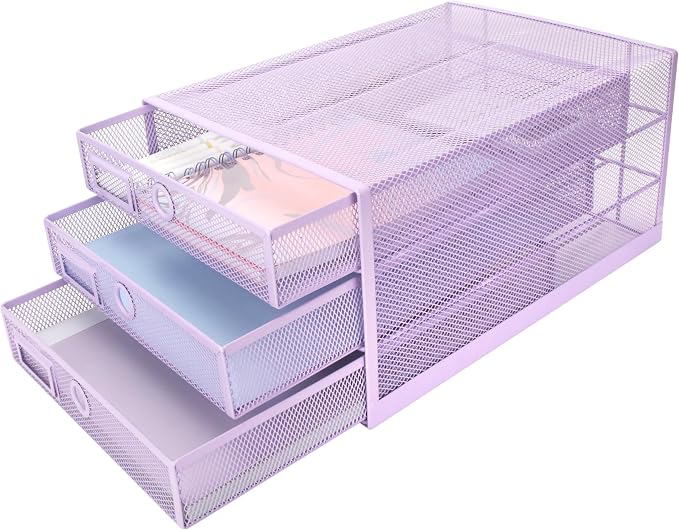 EXERZ Paper Sorter 3 Tier Drawers A4 / Multifunctional Desk Organiser/Letter Tray - Documents, Magazines, Notebooks and Letters - Light Purple | Desk Organiser Pull Out Trays Keep Files Letters Magazines Folders Notebooks Neatly Separated Easy To Reach