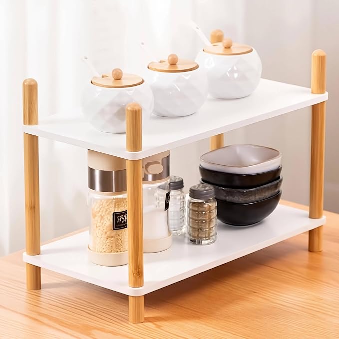 2-Tier Bamboo Coffee Bar Organizer,Coffee Bar Accessories, Mul-tifunctional Wooden Beaded Coffee Station Countertop Stand Shelf for Kitchen Home Office,Counter Riser Display Shelf for Top of Desk Home