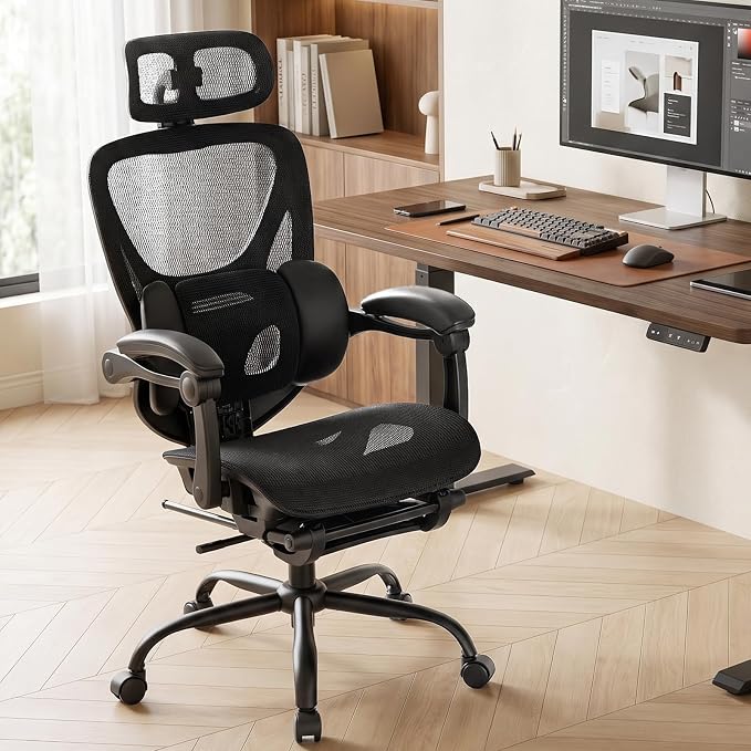 MALOL Ergonomic Mesh Office Chair with Footrest, Executive High Back Computer Desk Chair with 3D Adjustable Headrest & 5-Level Lumbar Support, Track Armrest, Tilt Lock, 300LBS, Black