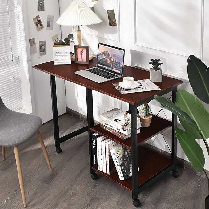 Tangkula Mobile Folding Computer Desk, Modern Writing Desk w/ 2-Tier Storage Shelves, PC Laptop Study Desk Workstation w/ 6 Wheels, Space Saving Compact Home Office Desk for Small Apartment (Brown)