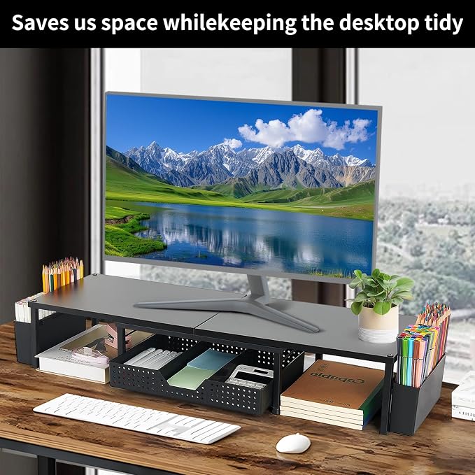 OPNICE Desk Organizers and Accessories, Dual Monitor Stand Riser with Drawer and 2 Pen Holders, Desk Shelf Computer Racks for Office Workspace Organizers, Desktop Organization (Charcoal Black)