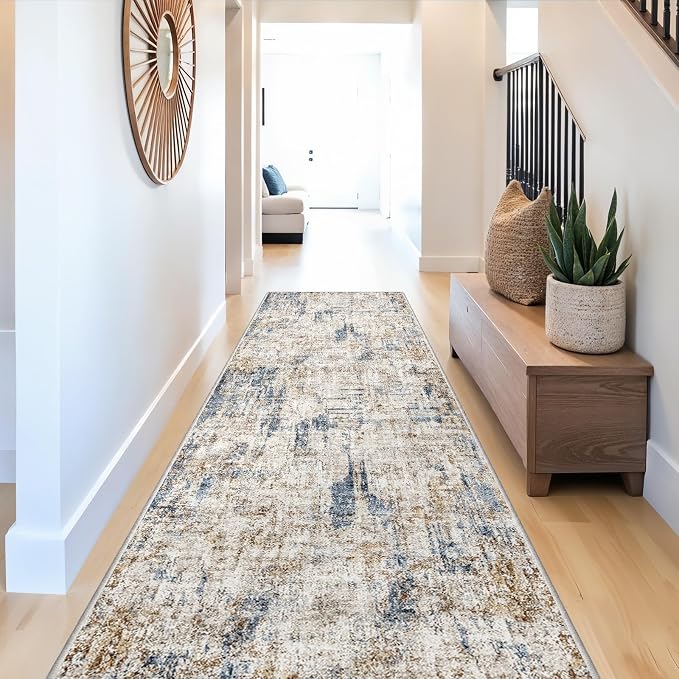 Long Runners for Hallways Non Slip - 3x10 Washable Kitchen Runner Rug Modern Abstract Wide Floor Carpet Runner for Indoor Entryway, Bedroom, Living Room （Blue Brown）
