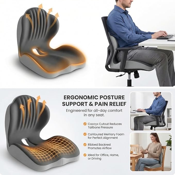 Ergonomic Seat Memory Foam Support Cushion for Back, Car Seat Back Support Cushion for Sciatica Tailbone Pain, Office Desk Chair Car Travel Seat Cushion (Grey)
