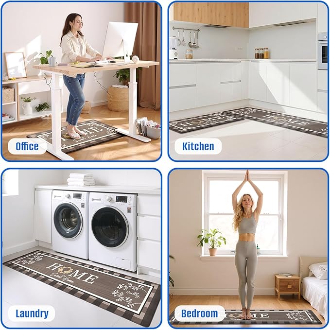 Kitchen Rugs, 2 PCS Kitchen Mats for Floor, Cushioned Non-Slip Anti Fatigue Mats for Kitchen Floor, Kitchen Runner Rugs for Standing Desk, Office, Laundry(17.3’’x 30’’+ 17.3’’x 59’’, Brown