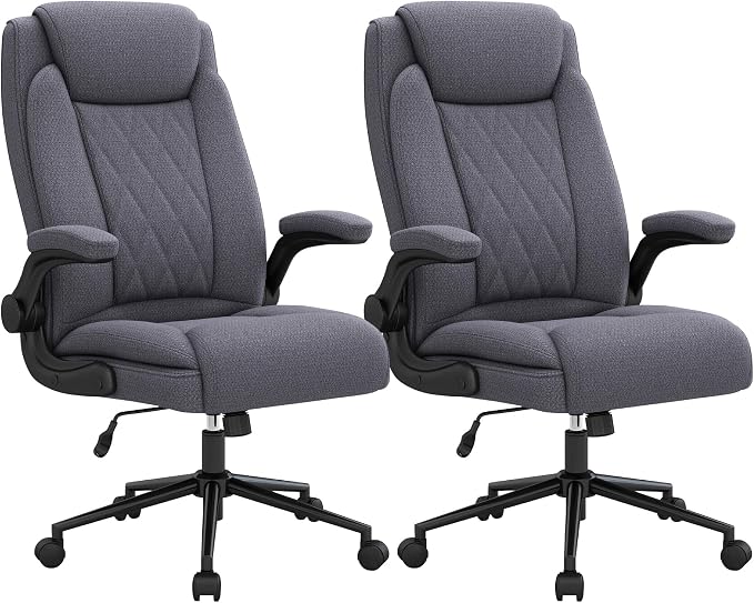 ralex-chair 2 Pack Big and Tall Office Chair -500 lb Heavy Duty Office Chair for Big Man, Fabric High Back Executive Office Desk Chair with 120° Tilt Rock,Computer Desk Chair with flip up arm - Grey