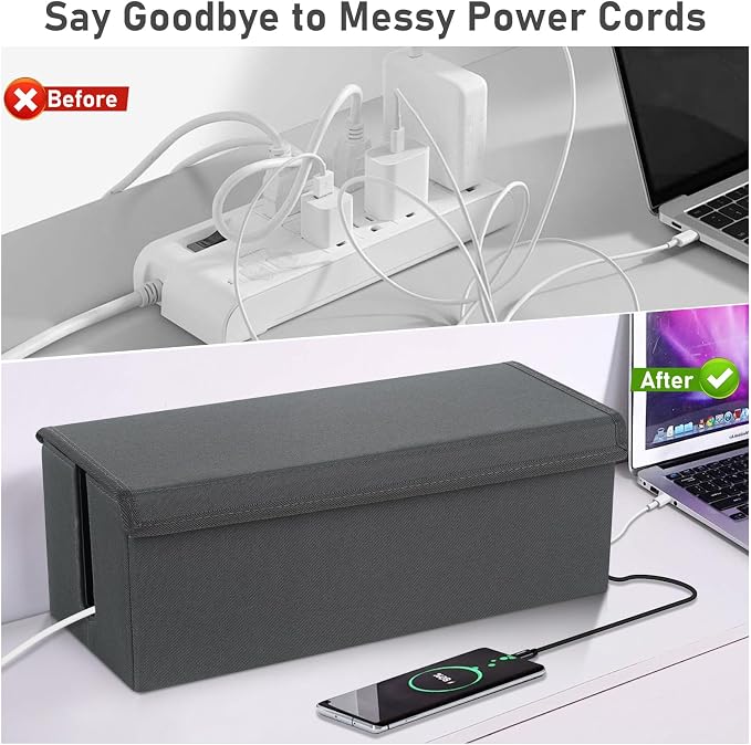 2 Pack Cable Management Box, Fabric Cord Hider Box with Lid,Cord Storage Box for Power Strip,TV Wires, Computer, Router, USB Hub,Under Desk Cord Organizer, Desk Cable Storage